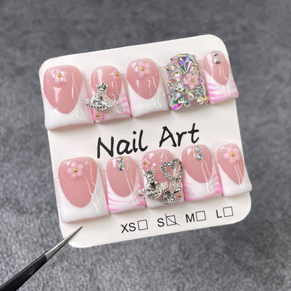 Uña con forma de pico de pato, manicura francesa dulce y sencilla, repleta de diamantes, destellos de hielo, uñas postizas hechas a mano de alta gama｜365nails