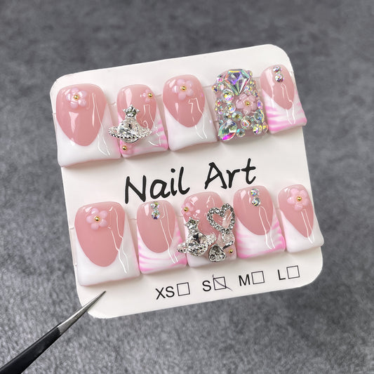 Unhas bico de pato, manicure francesa simples e doce, cheia de diamantes, gelo brilhante, unhas de pressão artesanais de alta qualidade｜365nails