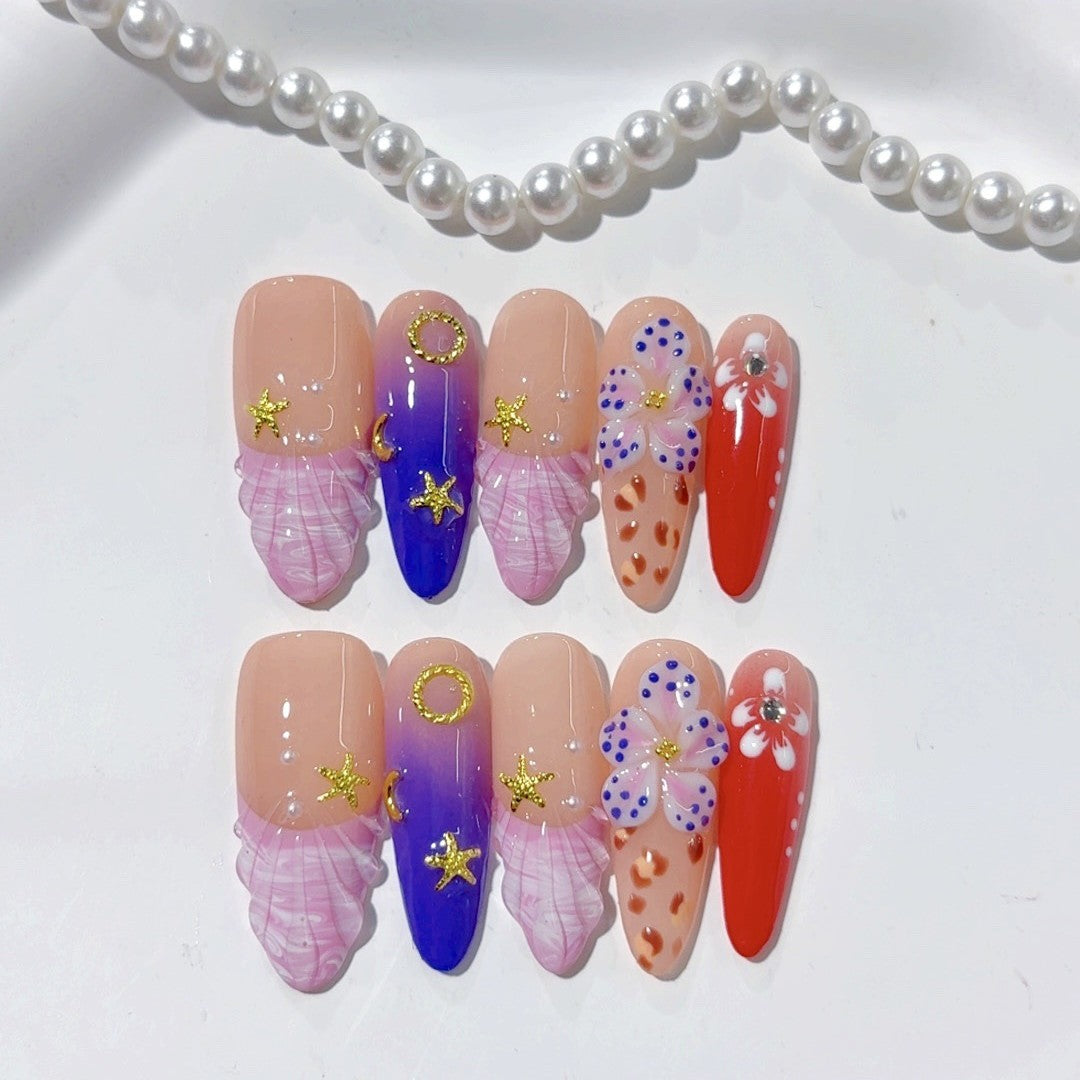 365nails-Fantasia de Sereia: "Concha e Estrela-do-mar" – Unhas Postiças Longas Amendoadas Feitas à Mão