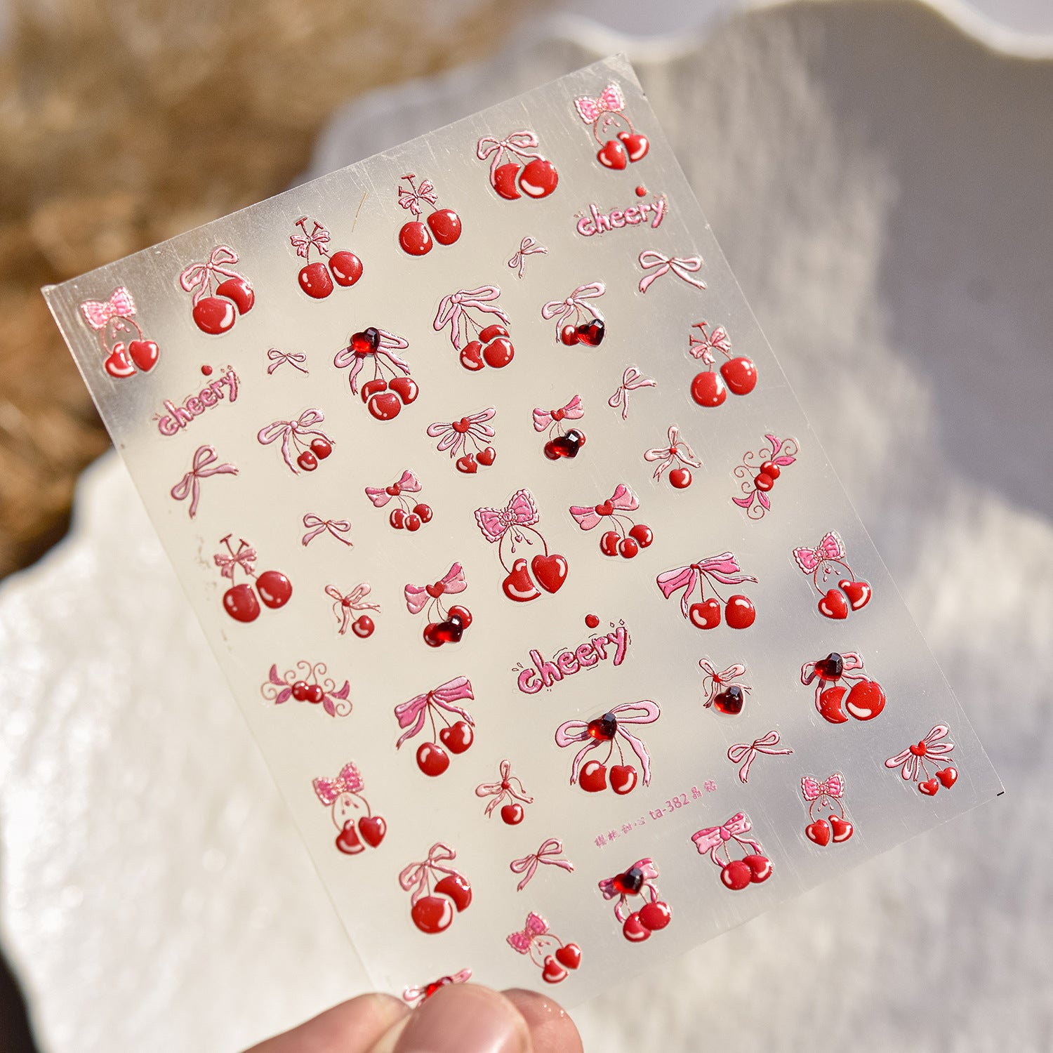 Cherry Bow Crystal Collection: "Sweet Cherry" – 3D Embossed Nail Sticker