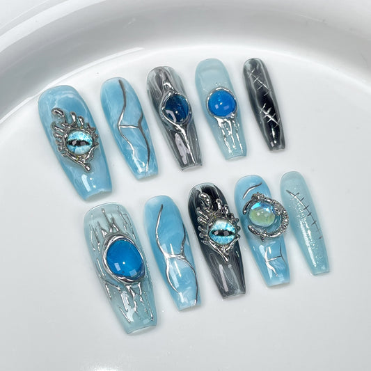 Handmade press-on nails blue liquid metal dark wind Spice Girl relief long nail art finished patch wholesale｜365nails