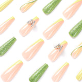 Uñas postizas con diseño de mariposa 3D con purpurina y borde verde francés para mujer