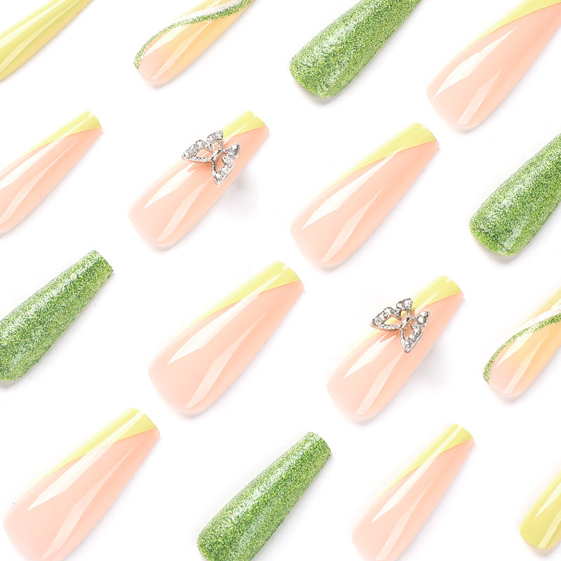 Uñas postizas con diseño de mariposa 3D con purpurina y borde verde francés para mujer