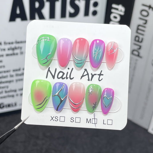 Handmade press-on nails fluorescent contrasting  Spice Girl  short nail art finished patch Wearable nail sticker｜365nails