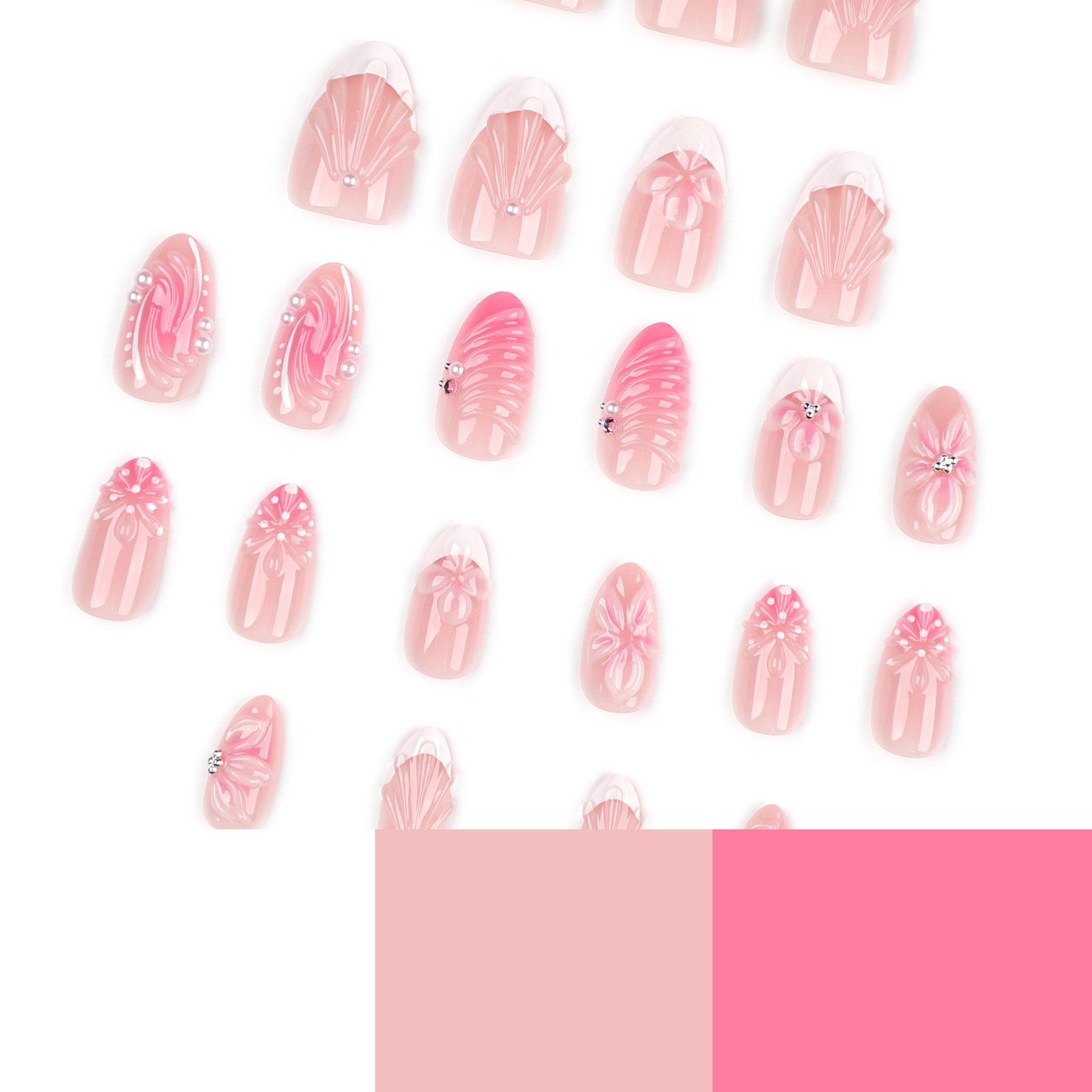 365nails: "3D Pink Floral Mermaid Almond" – Pearl & Rhinestone Press-on Nails