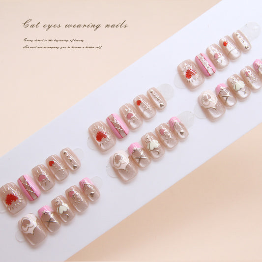 Nail Tips  prefabricated nail press on nails Sweet removable cat eye pink peach heart nail piece Short T nail patch ｜365nails