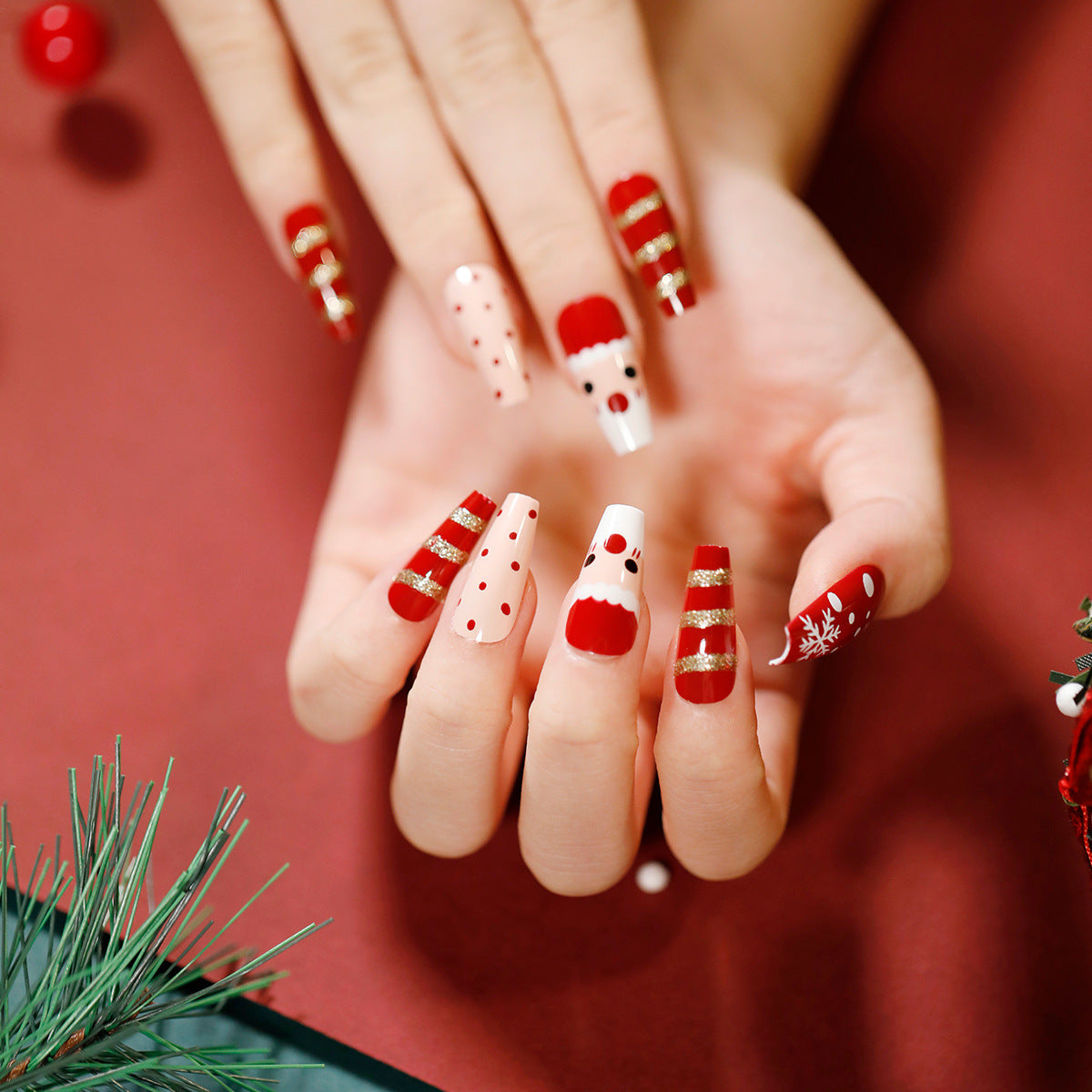 Uñas navideñas con diseño de copos de nieve, diseño de muñeco de nieve, manicura corta con lazo almendrado y uñas largas, venta al por mayor | 365nails