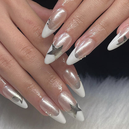 Peça de arte de unha finalizada em branco, pentagrama francês prateado, peça de unha com strass branco, unha removível avançada finalizada｜365nails