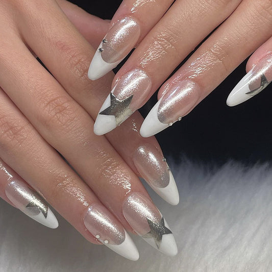 Nail art piece Finished white French silver pentagram white rhinestone nail piece Finished removable advanced nail｜365nails