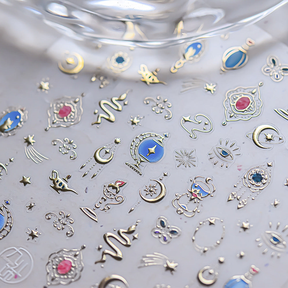 Celestial Gold Gem Nail Stickers – 5D Embossed Astrology Opulence Set