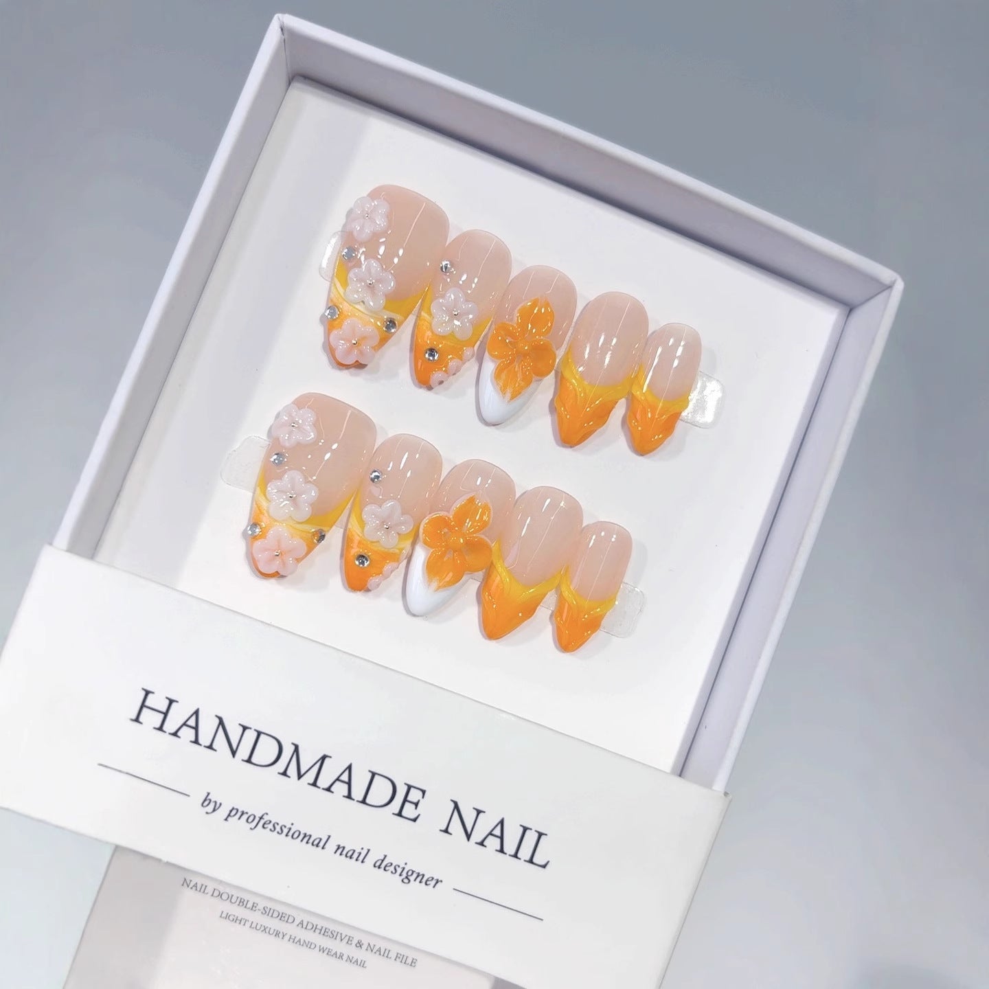Autumn Bloom: "Orange Floral Glow" – Almond Shape Handmade Press-Ons
