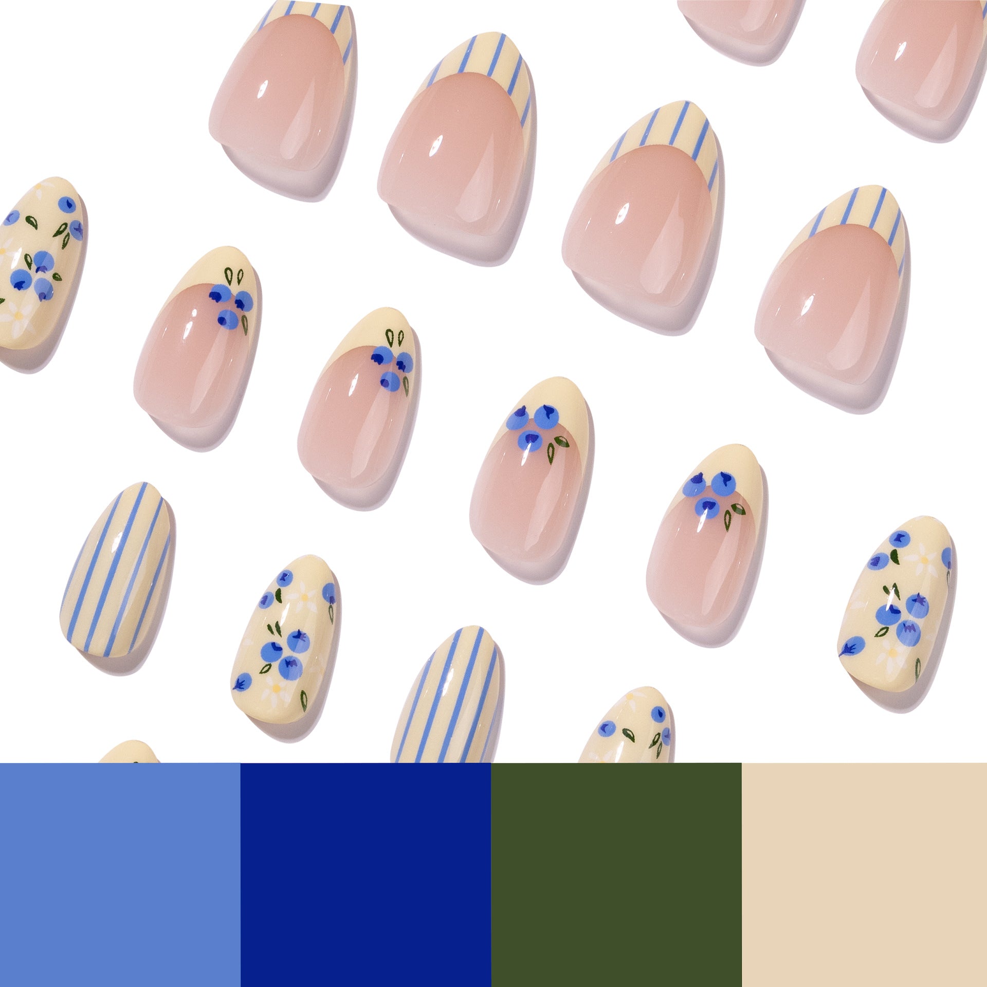 365nails: "Blueberry Floral Stripe Oval" – French Tip Press-on Nails