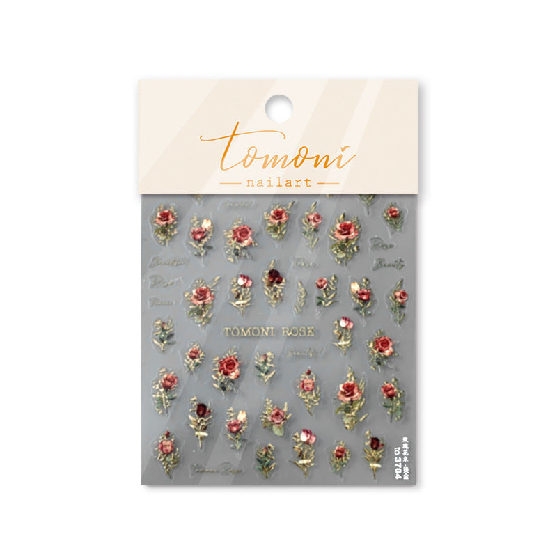 365nails: 復古紅玫瑰搭配金箔 指甲貼紙