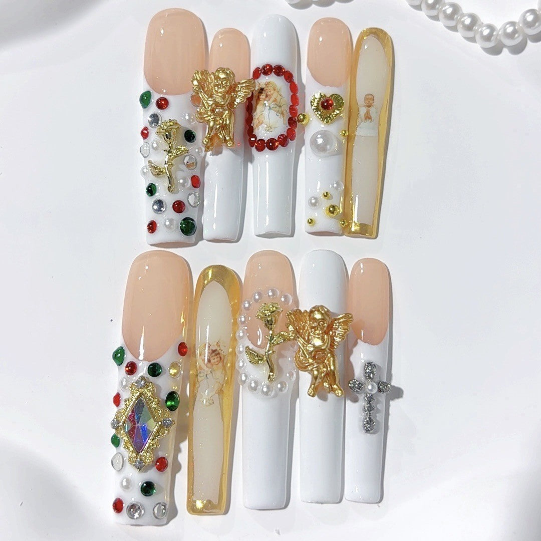 Vintage Baroque Angel Pearl Crystal Press On Nails