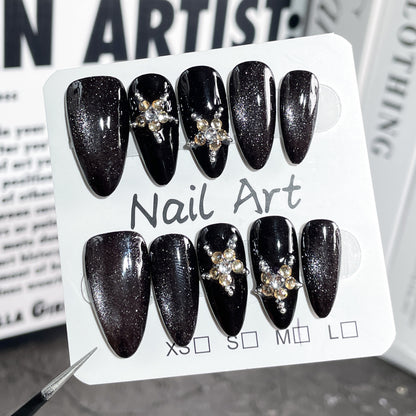 Handmade press on nails Autumn and Winter Sweet and Cool Spice Girl  Black Light Chasing Cat Star  Almond Nail｜365nails