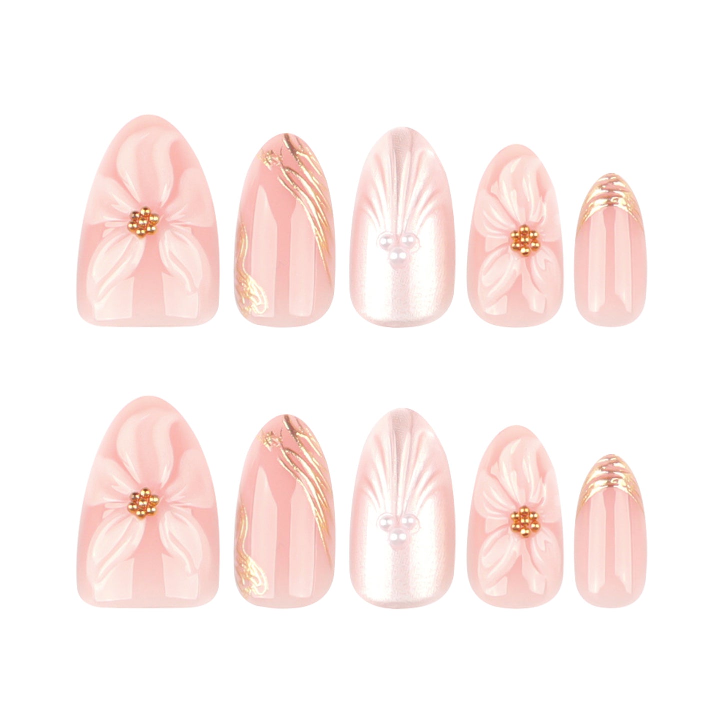 3D three-dimensional flower pearlescent flash short almond press-on nails