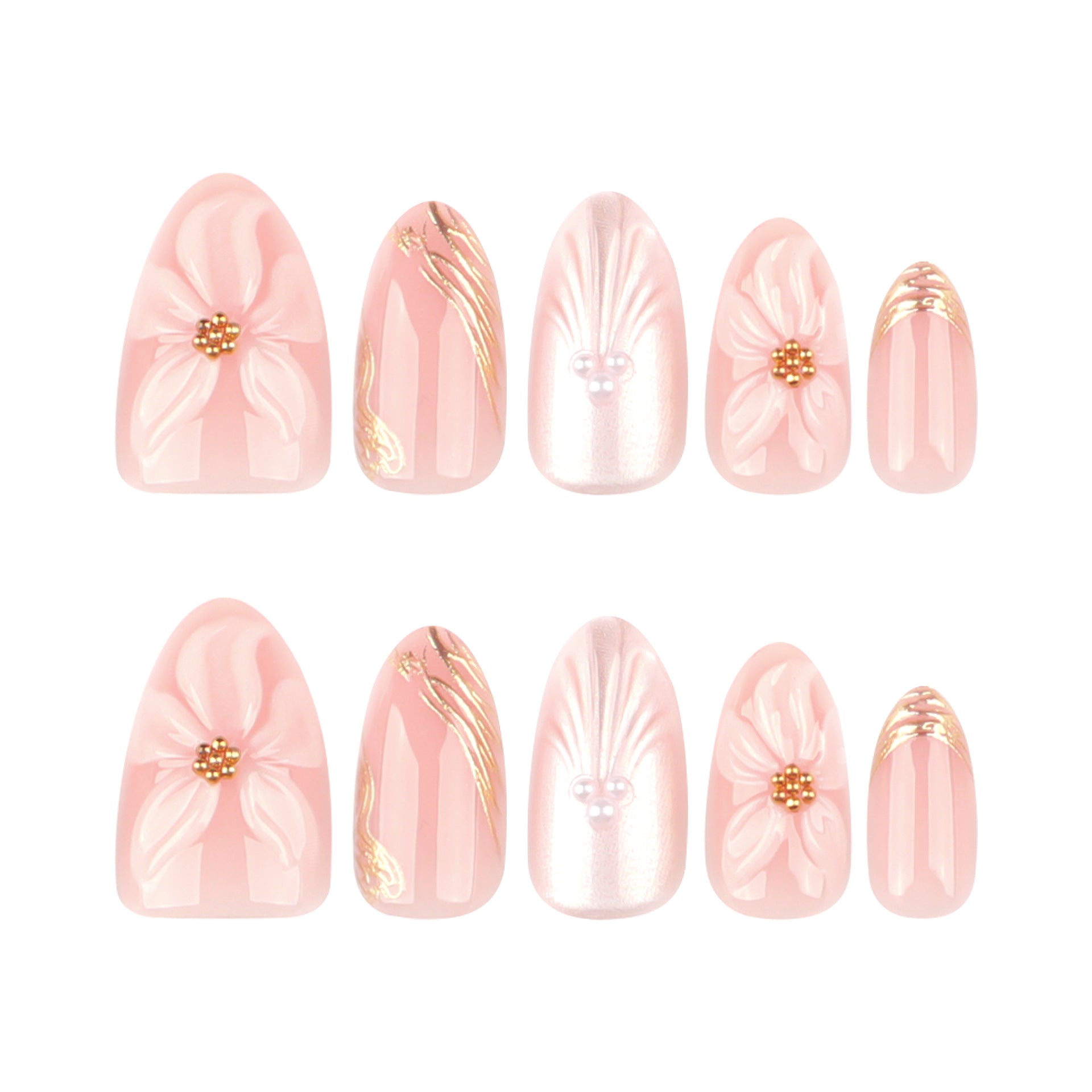 3D three-dimensional flower pearlescent flash short almond press-on nails
