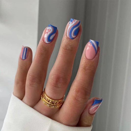 Wear nail pads Wear nail pads, French blue and white contrasting color wave nail pads Wear nail pads Short wear nail pads Wholesale｜365nails