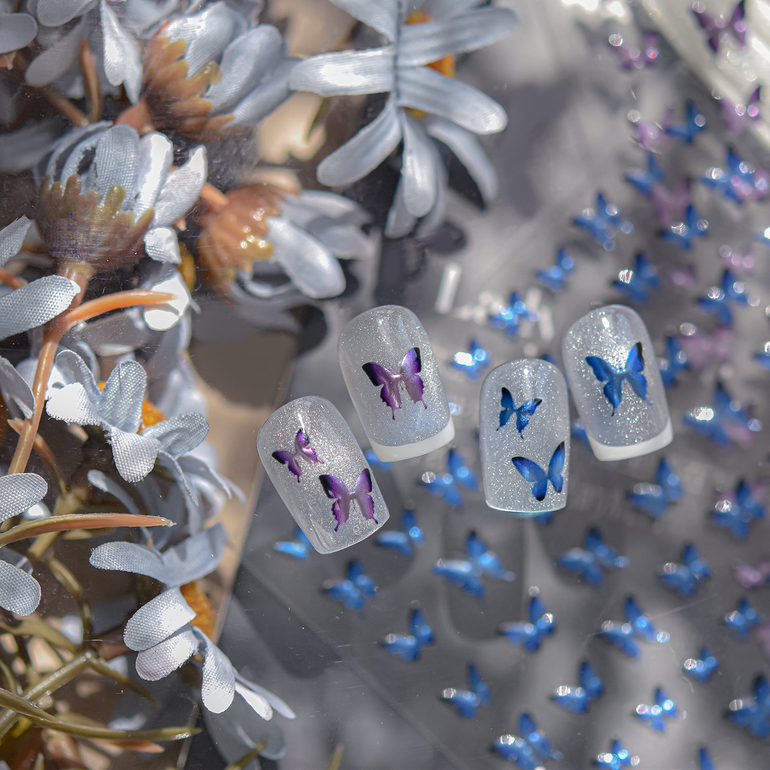 Mini Blue Butterfly: "Azure Flutter" – 5D Embossed Nail Sticker