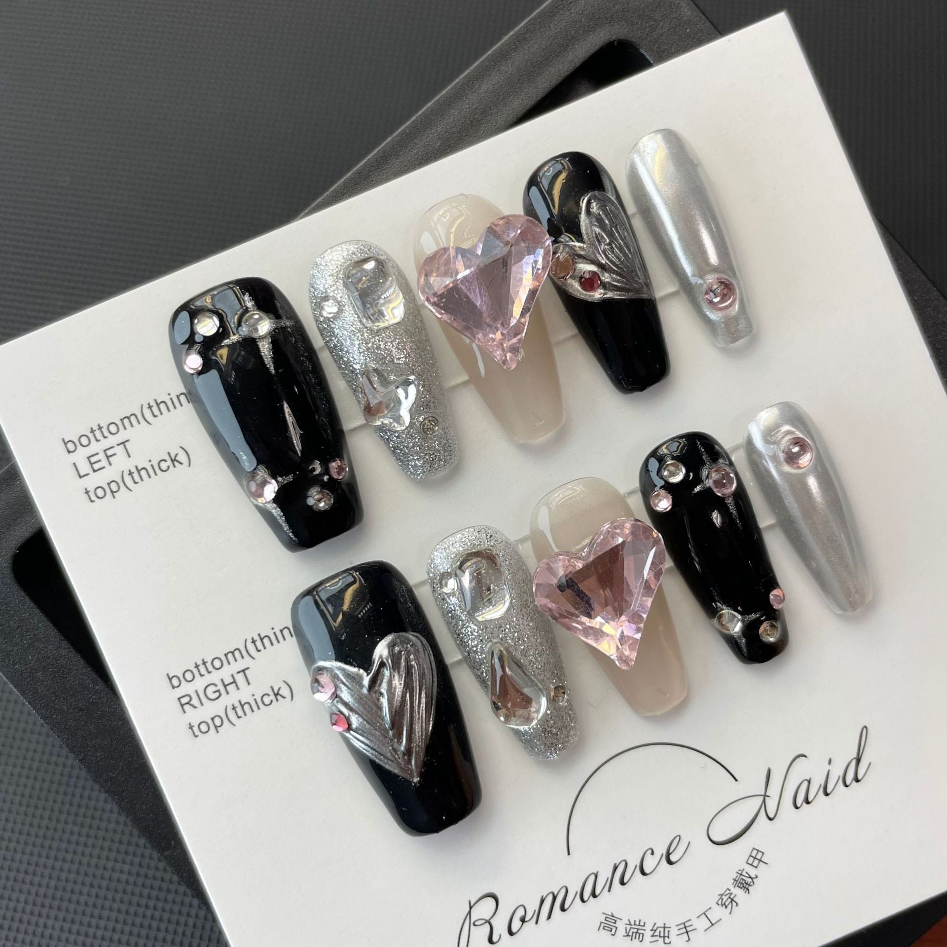 Luxury Butterfly Heart Snowflake Nails, Shiny Crystal Black Pink Design
