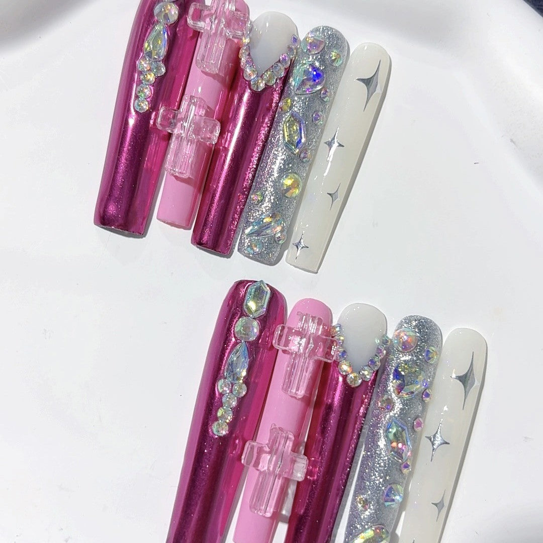 Glossy Pink Crystal Extra Long Press On Nails