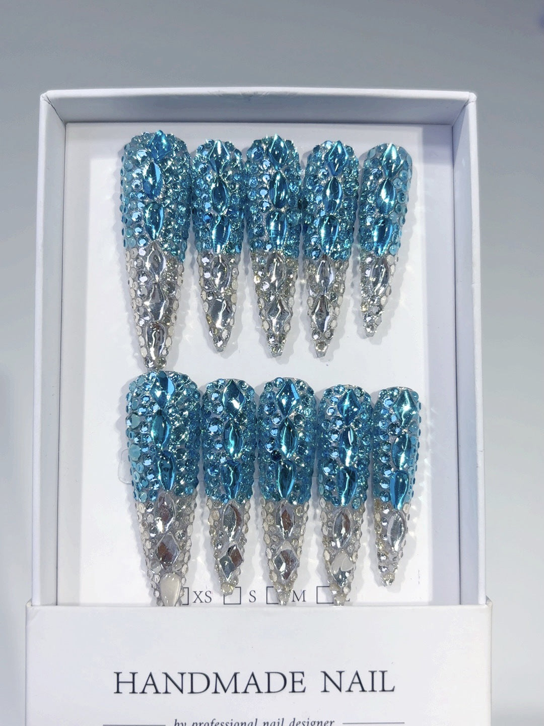 Icy Blue Crystal Embellished Luxury Statement Press On Nails