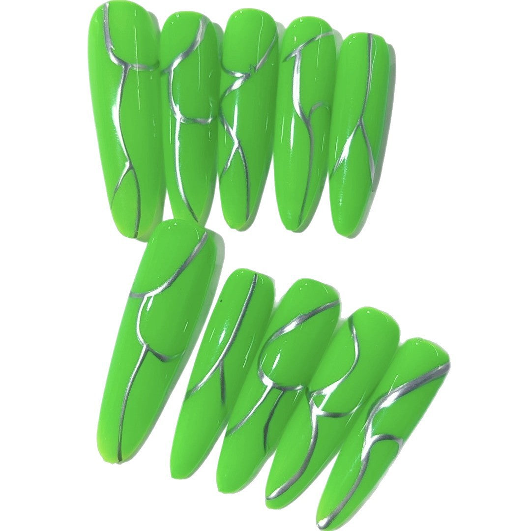Neon Green Metallic Line Minimal Press On Nails