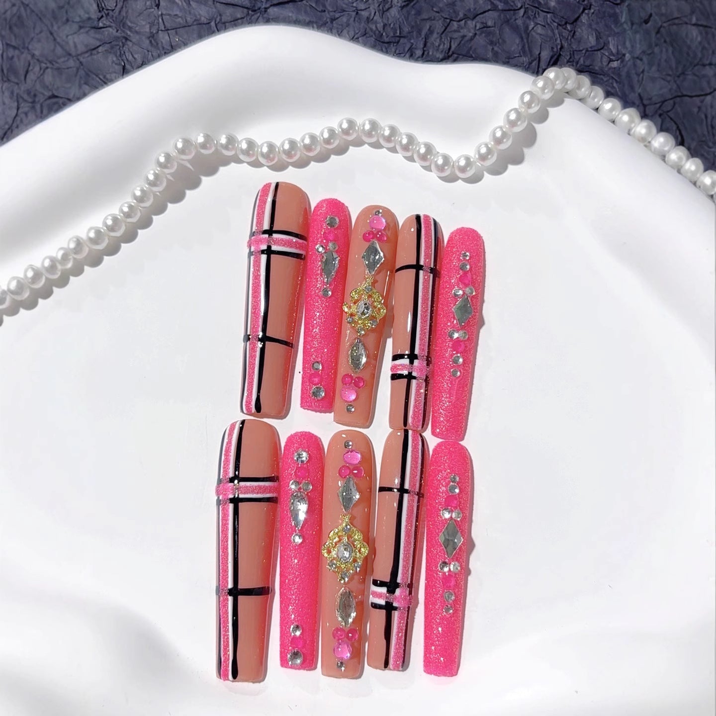 Pink Nude Crystal Stripe Glam Press On Nails