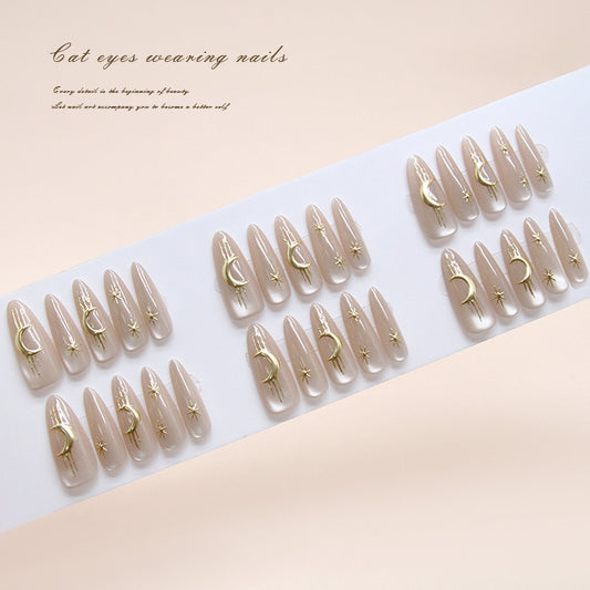 Nail Tips  prefabricated nail, cat eye gold three-dimensional moon starlight, fashionable and versatile,  press on nails 30 pieces｜365nails