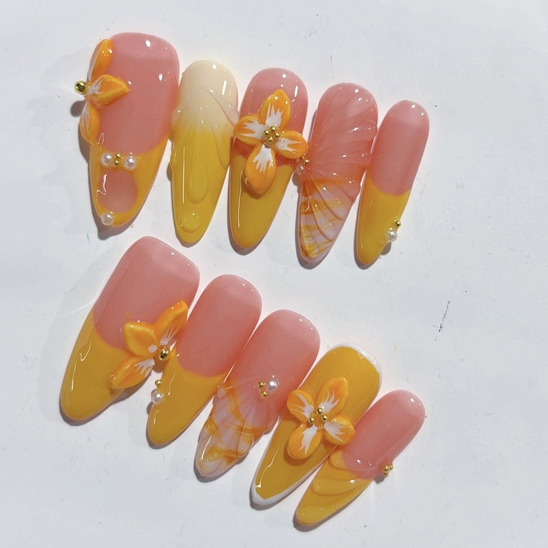 365nails - 陽光綻放：橘色花朵 — 杏仁形 手工製 立體雕刻 穿戴甲