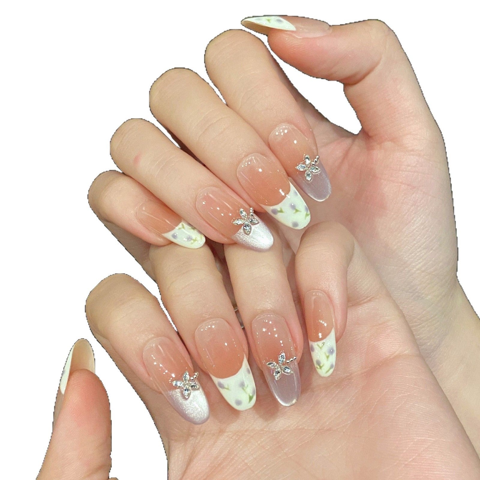 365nails: "Monet's Garden" – Hand-Painted Floral & French Tip Handmade Medium Almond Nails