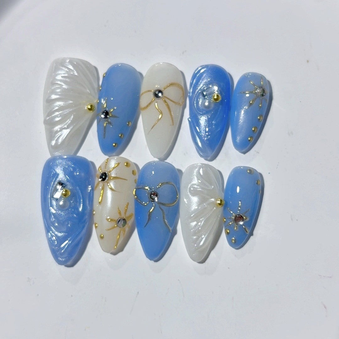 365nails: "Oceanic Bow & Shell" – Medium Almond Blue-White Marine Handmade Press-On Nails