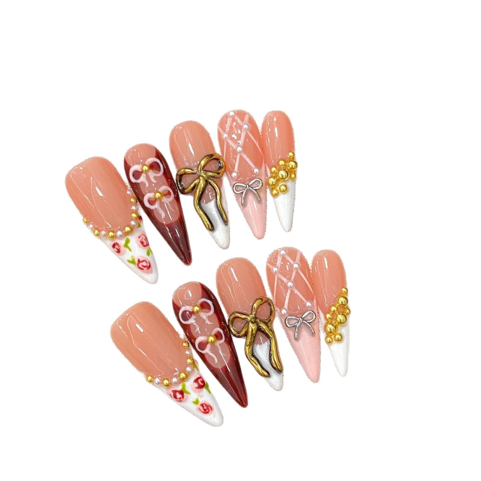365nails：「皇家天鵝絨」 – 3D 蝴蝶結與珍珠 手工製 尖形 穿戴甲