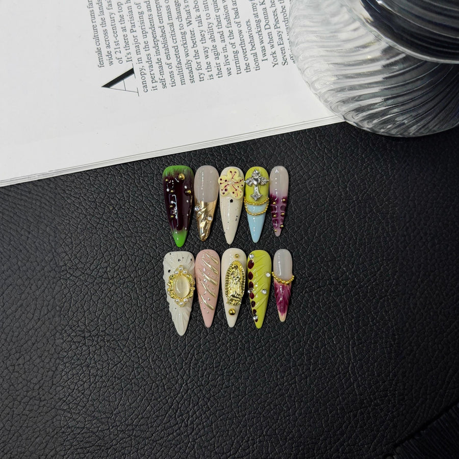 365nails: "Gilded Opulence" – 3D Charms & Metallic Handmade Long Stiletto Nails