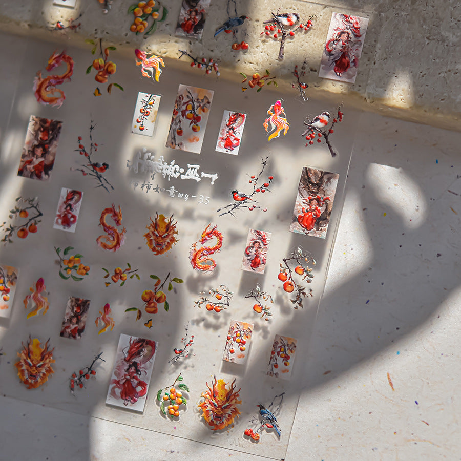 Oriental Persimmon & Dragon Nail Stickers – 5D Embossed Auspicious Prosperity Set