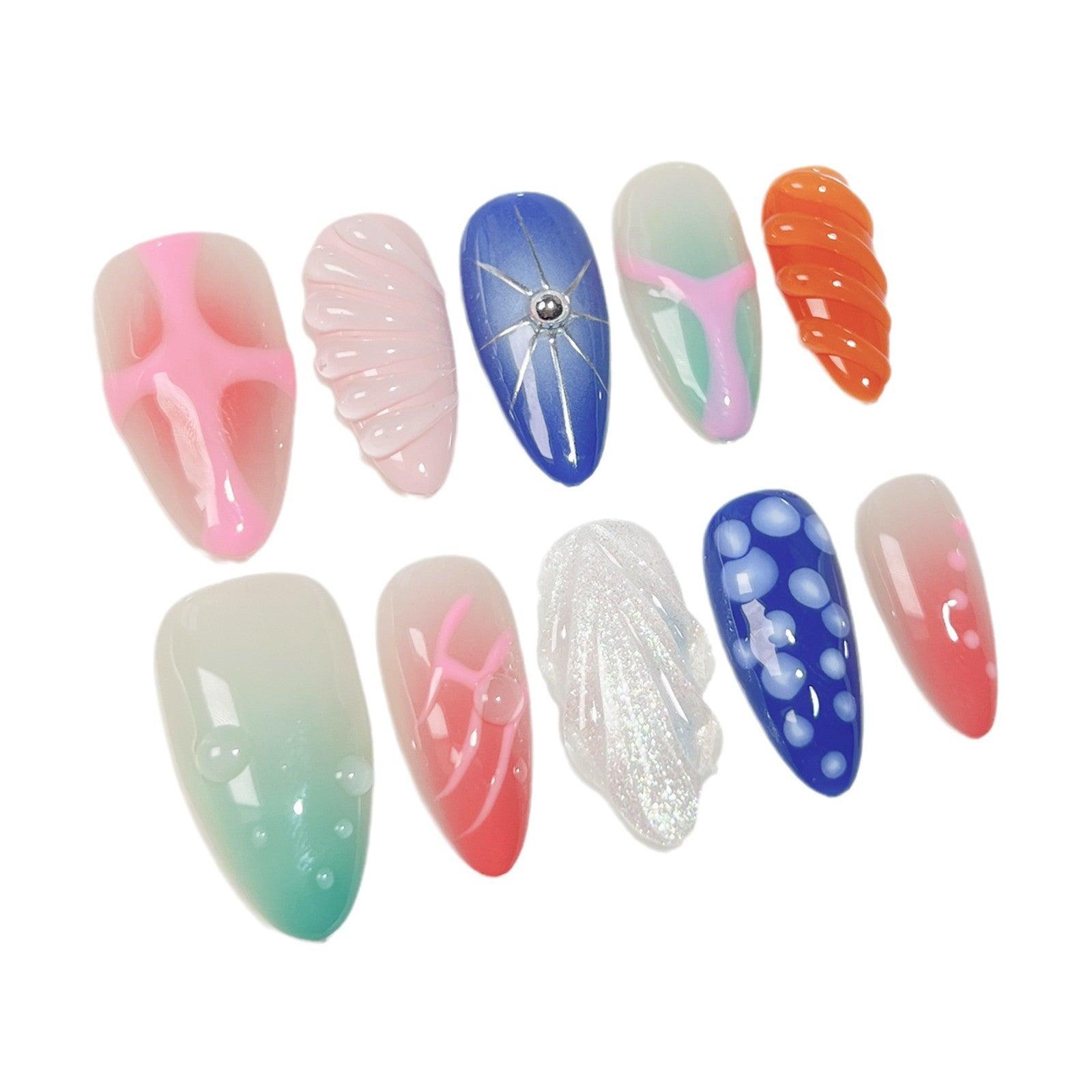 Unhas postiças artesanais Dream Sea Fresh, Elegant e Suave Cute Wind Long Nail Art Almond Nail｜365nails