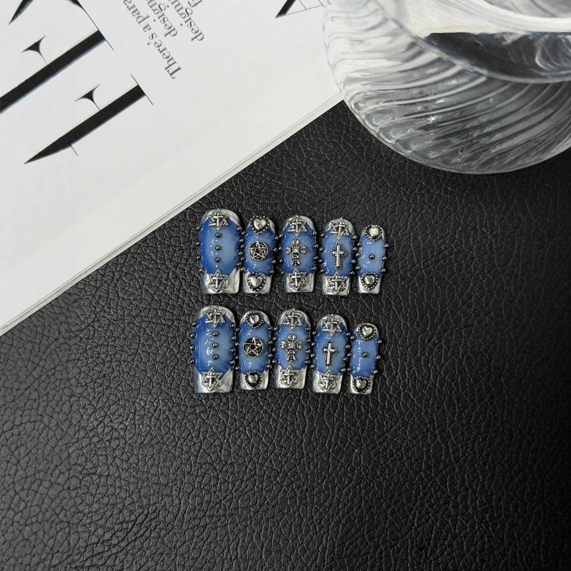 365nails: "Blue Rebel" – 3D Cross & Crystal Handmade Coffin Nails