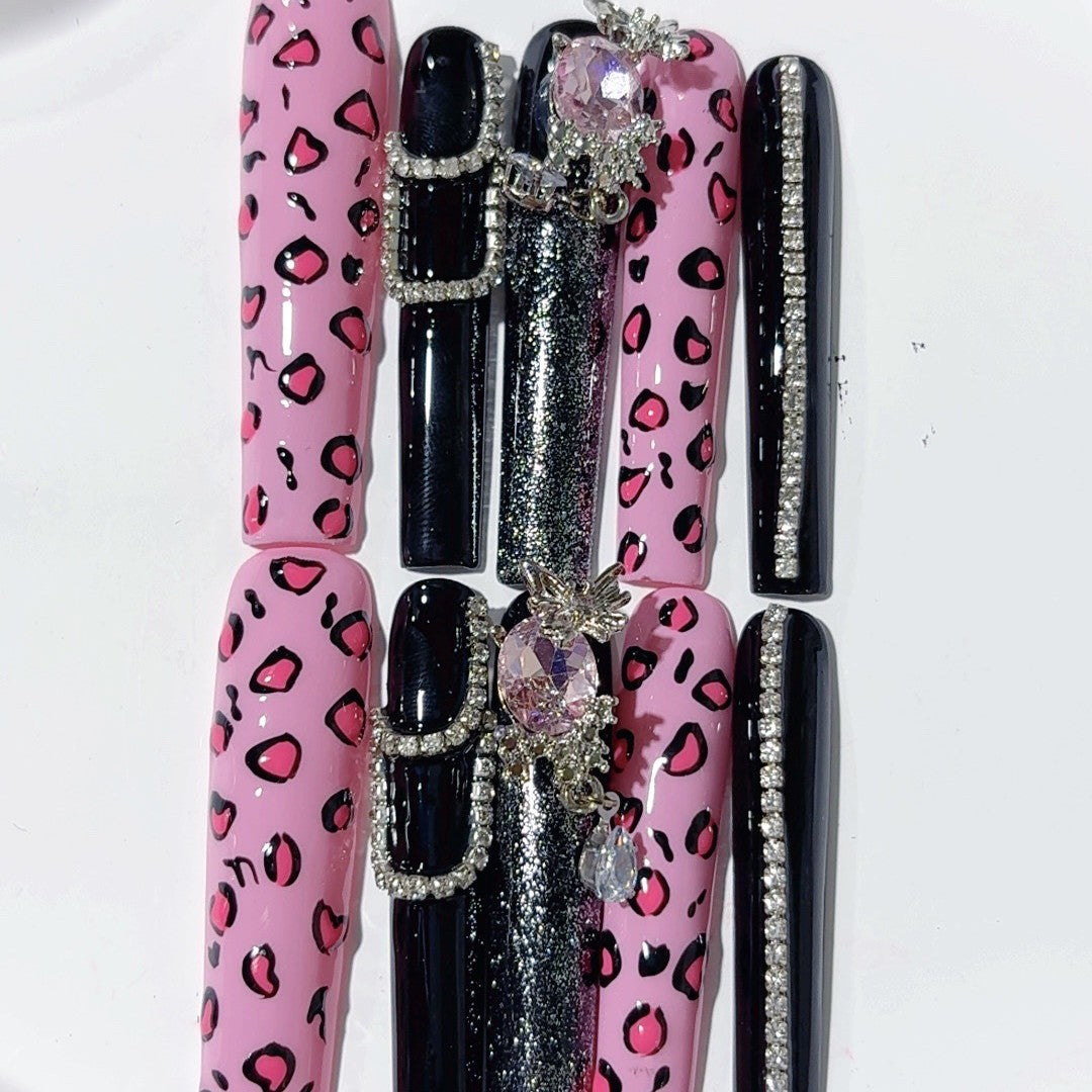 Pink Leopard Black Glam Press On Nail Set