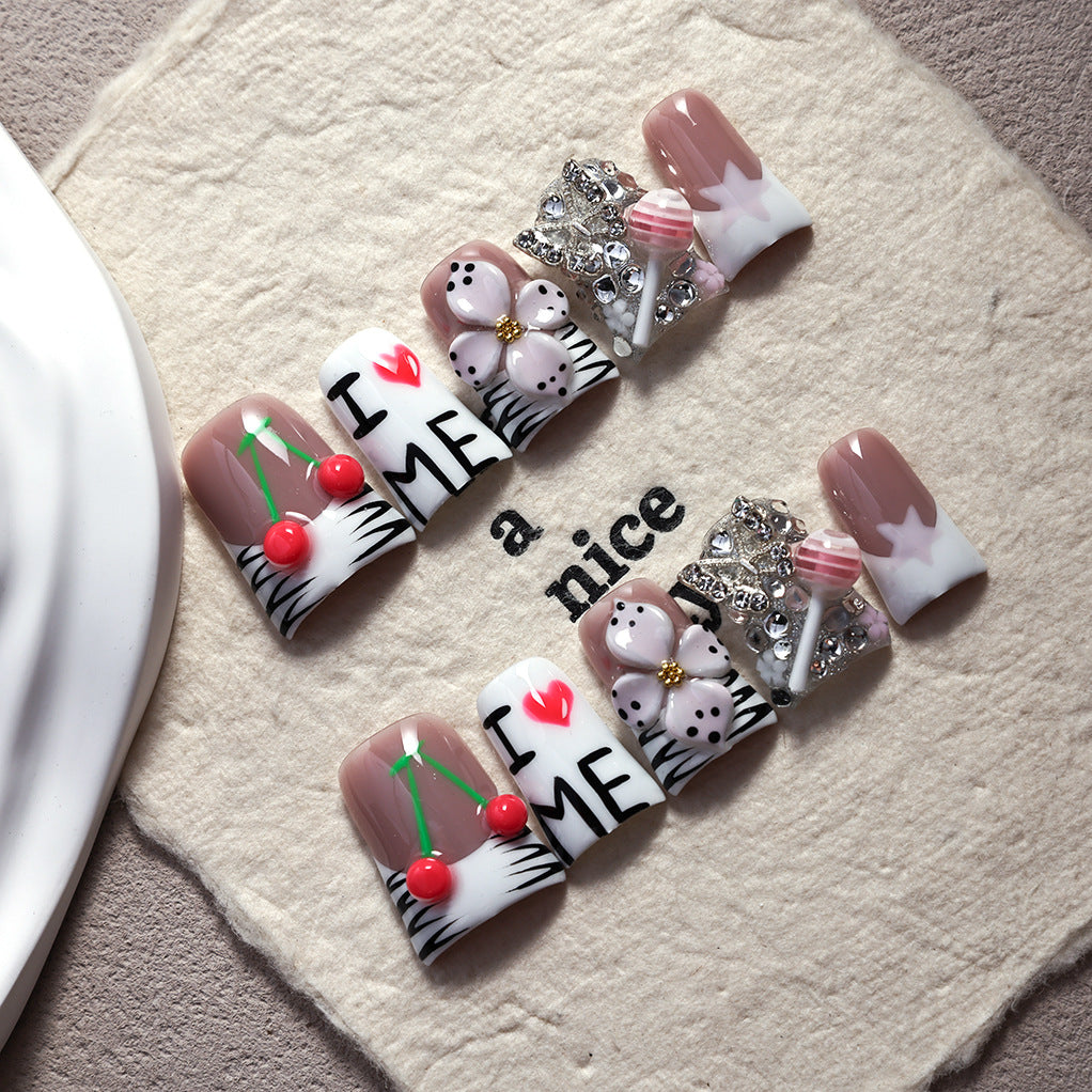 Cute Cherry Letter Star Embellished Press On Nails