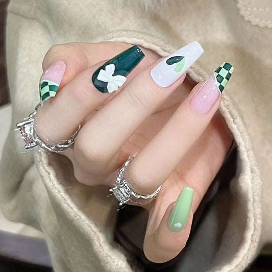 Press onable nails Art  Matcha Chessboard nails Art Whitening nails  Press onable nails Art Wholesale nails｜365nails