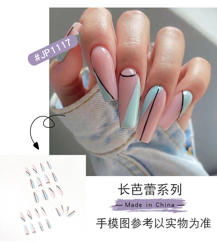 Balé francês longo com strass azul, linha ondulada, pequena flor preta, para manicure, fornecimento direto, patch 365nails