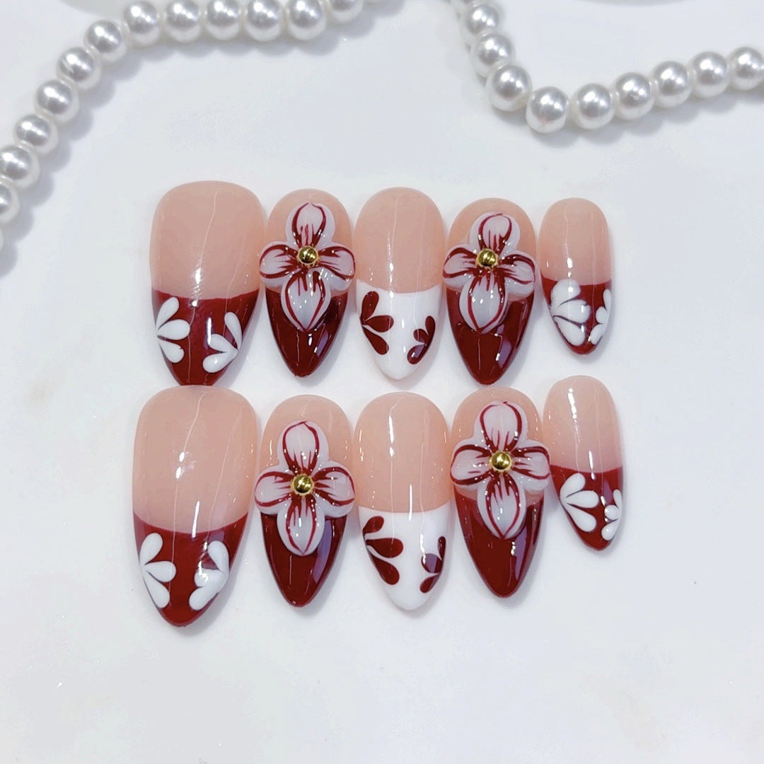 Timeless Bloom: "Crimson Floral" – Almond Shape Handmade Press-On Nails