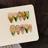 Green Gold Vintage Gem Heart Baroque Luxury Press On Nails