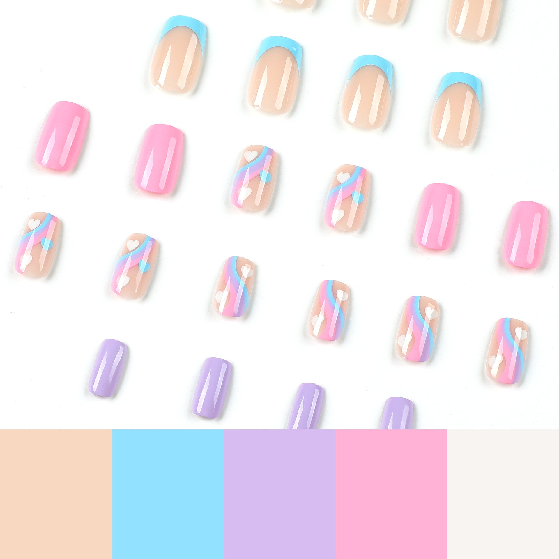 藍紫法式多色波浪愛心穿戴甲片 成品批發｜365nails