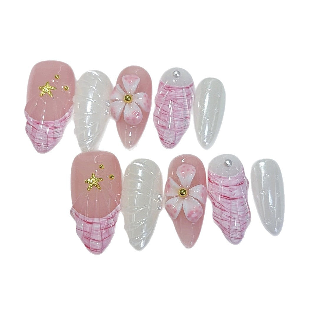 Seashell Sakura: "Starfish & Floral" – Almond Press-On Nails