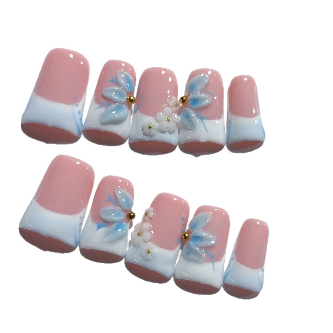 Elegant Pastel: "Blue Bloom French" – Short Square Nude & Blue Floral Handmade Press-On
