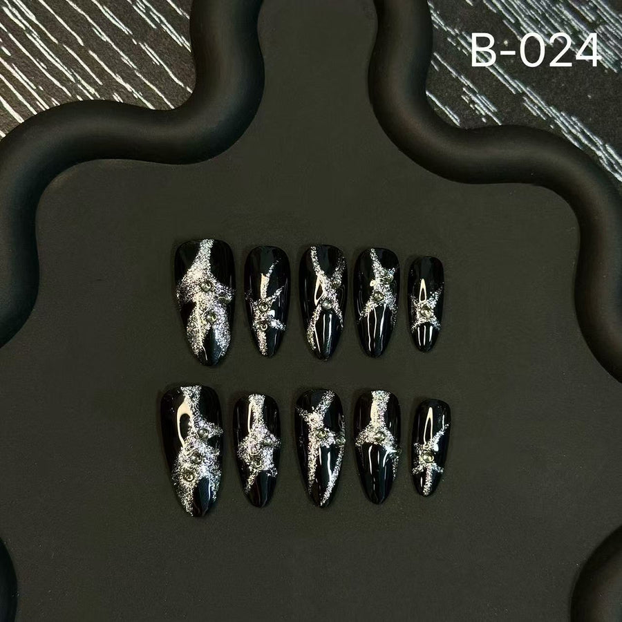 365nails: "Midnight Sparkle" – 3D Glitter & Abstract Swirl Handmade Square Nails