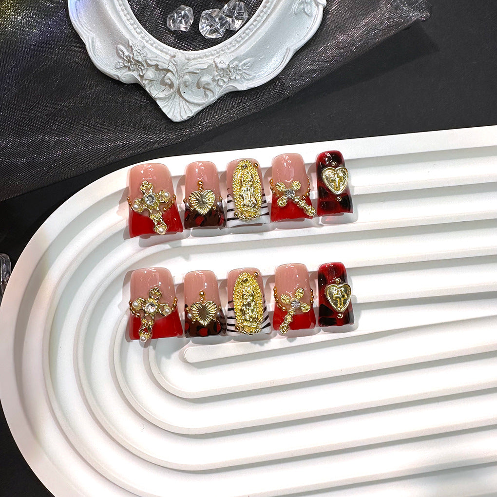 Red Gold Cross Baroque French Press On Nails