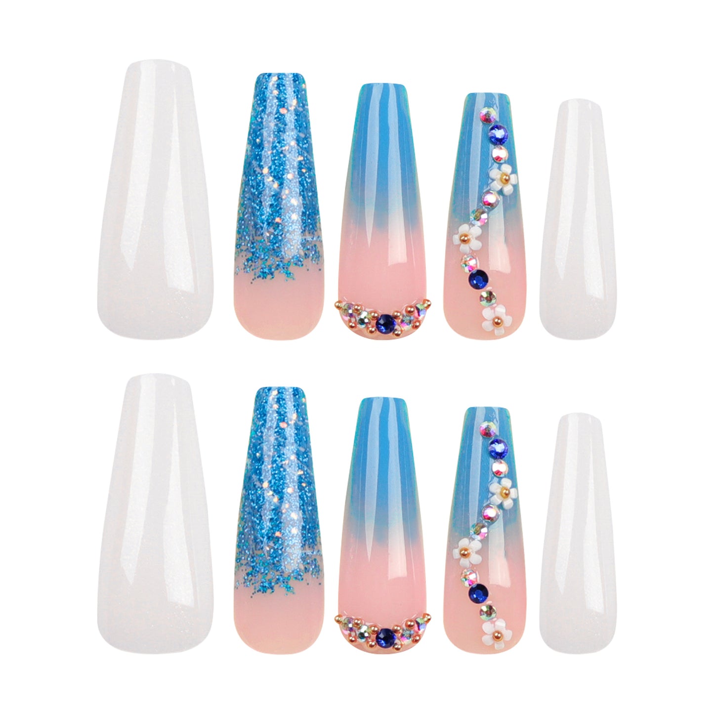 Long ballet manicure piece Pearl white  Blue gradual change sequins Sparkling diamond  Autumn and winter white ｜365nails