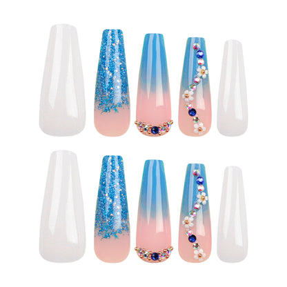 Long ballet manicure piece Pearl white  Blue gradual change sequins Sparkling diamond  Autumn and winter white ｜365nails